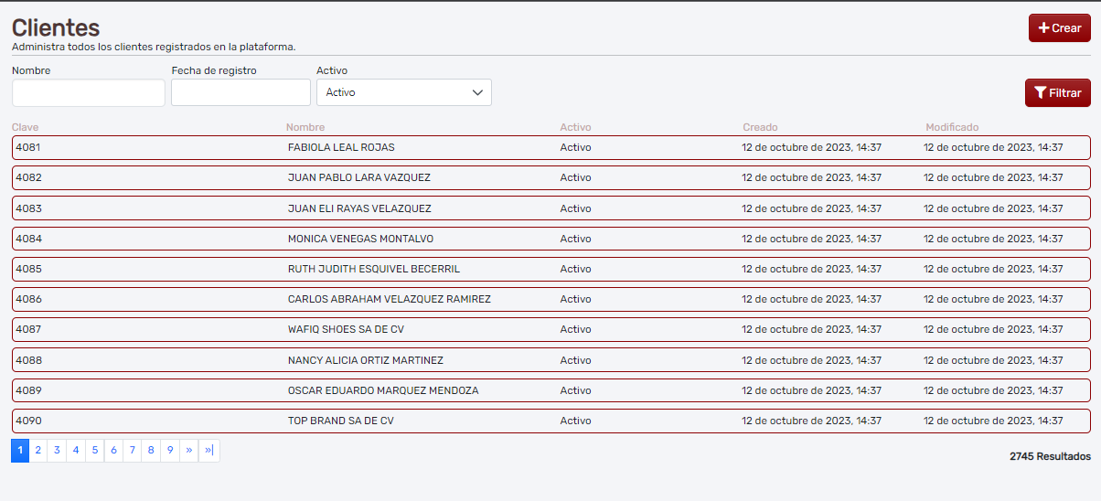 Pantalla de clientes