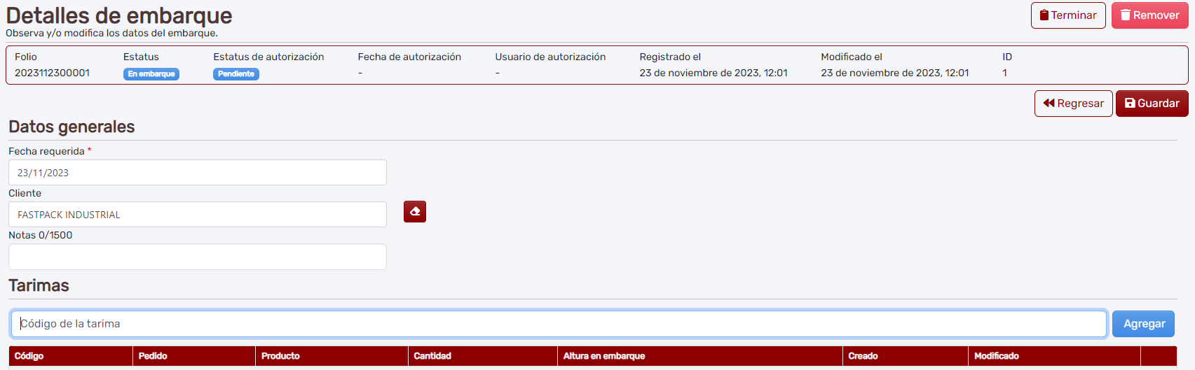 Detalles del embarque