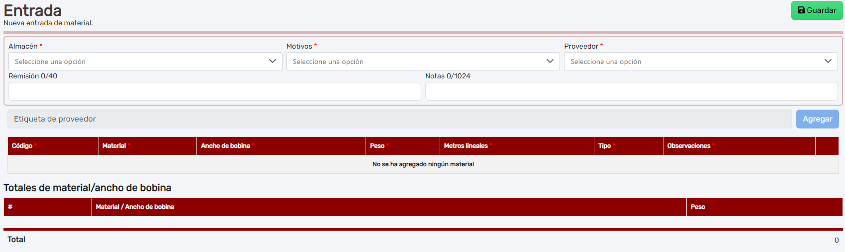 General de entrada de materiales