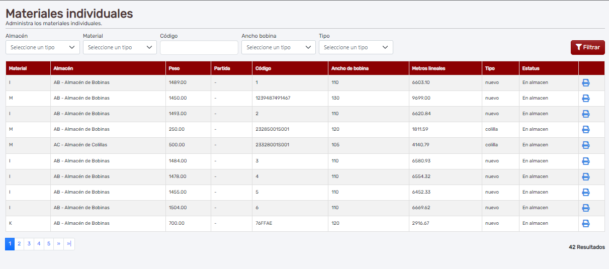 General de materiales individuales