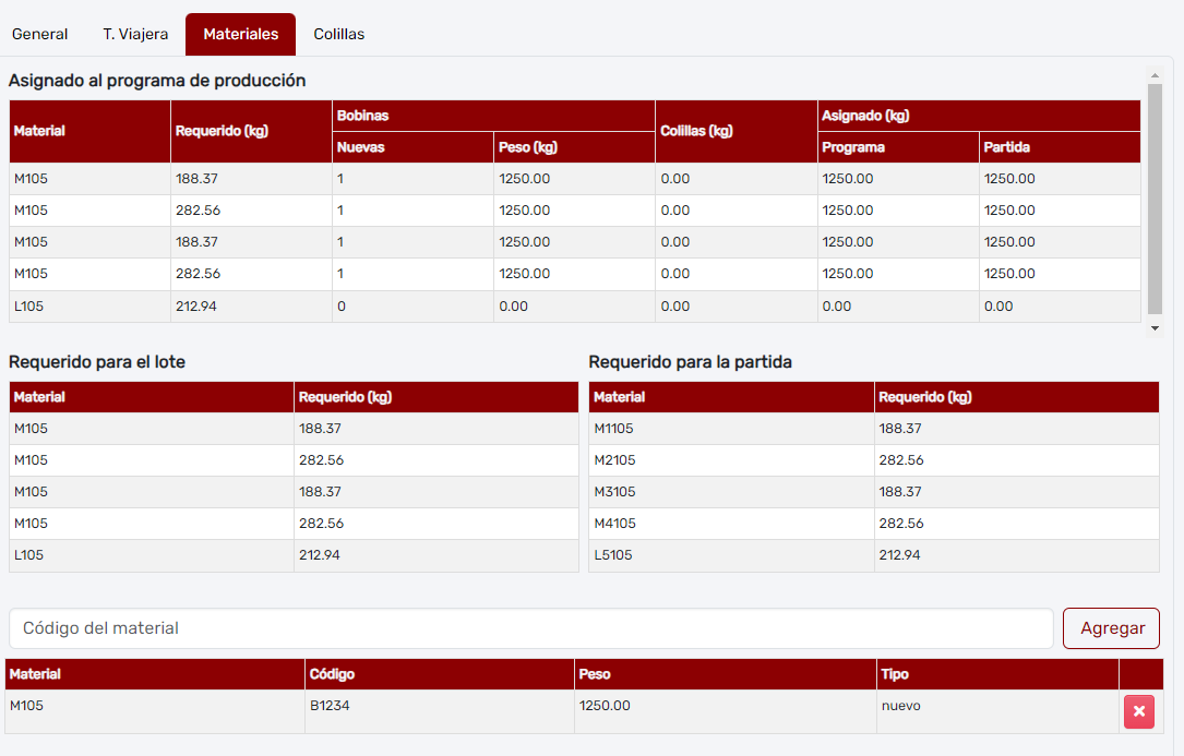 Pestaña de materiales