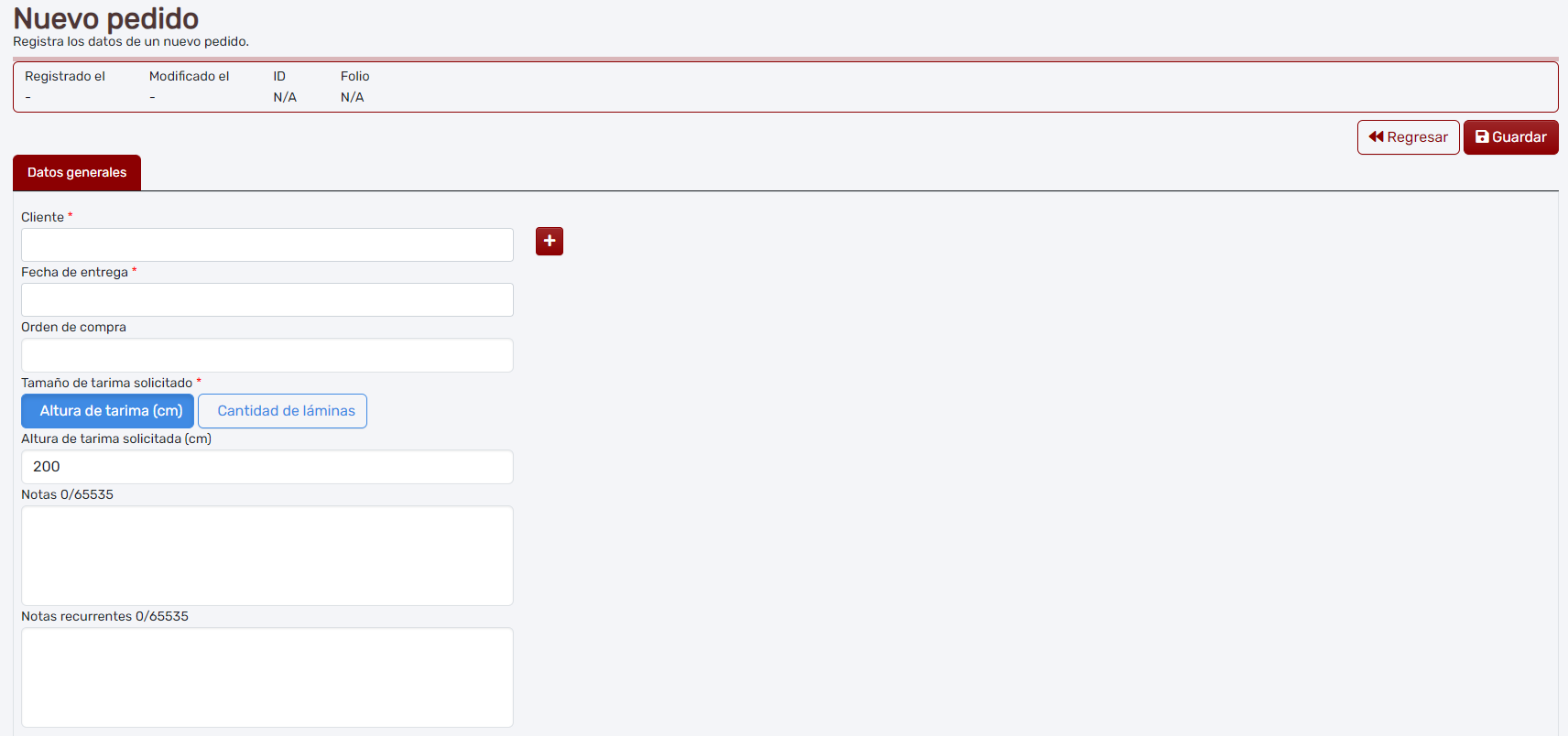 Pantalla general de Nuevo Pedido